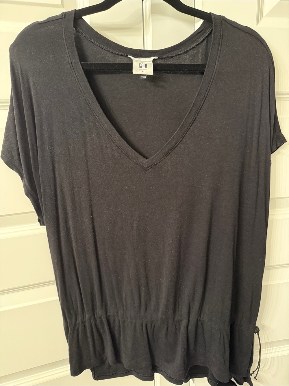 CAbi Black Short Sleeve V-Neck Tee with Drawstring Waist